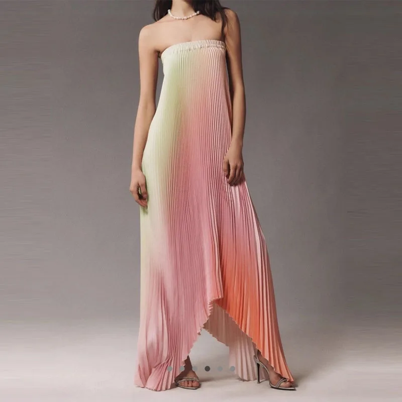 Vrouwen Elegante Grote Zoom Een Schouder Feestjurk Show Stijl Geplooide Galajurken Banket Nieuwe 2024 Gradiënt Tube Tops Avondjurk