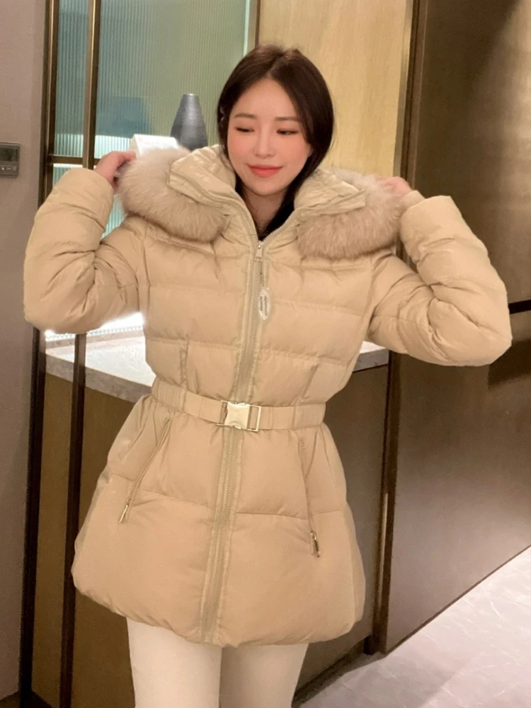 

Winter New Women's Fur Collar down Jaet Mid-Length Hooded Waist-Cinching Slimming 90 White Du down Outerwear
