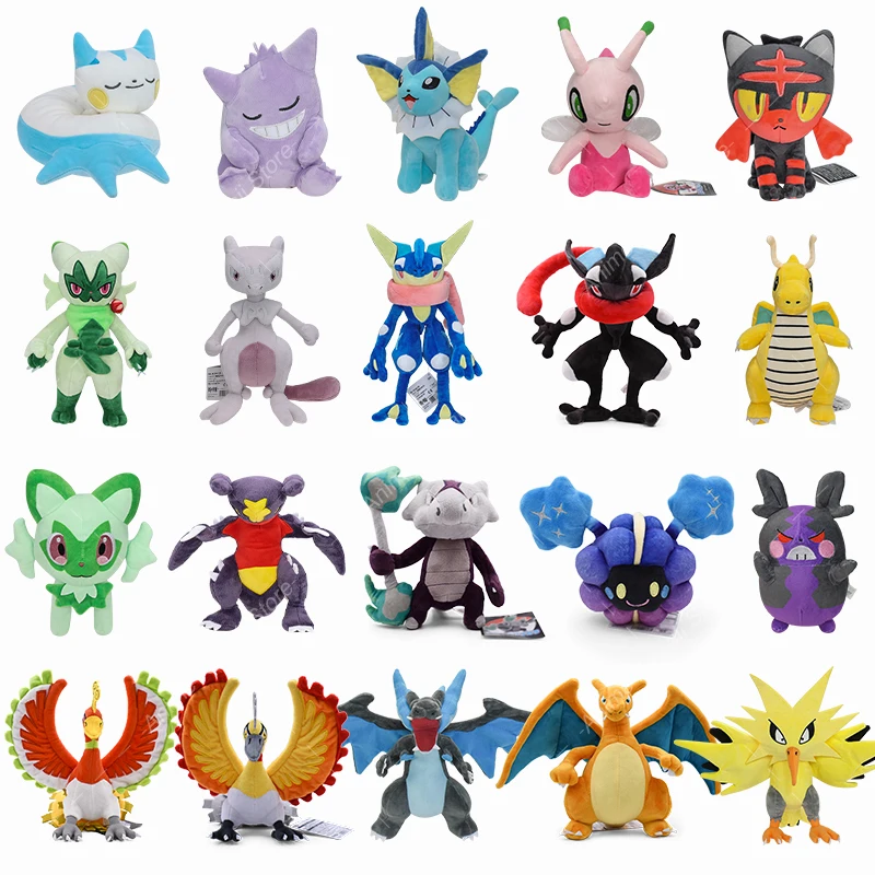 Anime Pokemon durmiendo Gengar Pachirisu Garchomp Sprigatito Mewtwo brillante Greninja Mega Charizard X Ho-Oh juguete de peluche