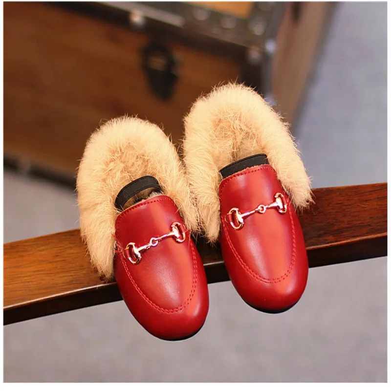 Kids Shoes Girls Shoes Winter Warm Fur Girls Loafers PU Leather Girls Dress Shoes Princess Shoes Flats Girls Kids