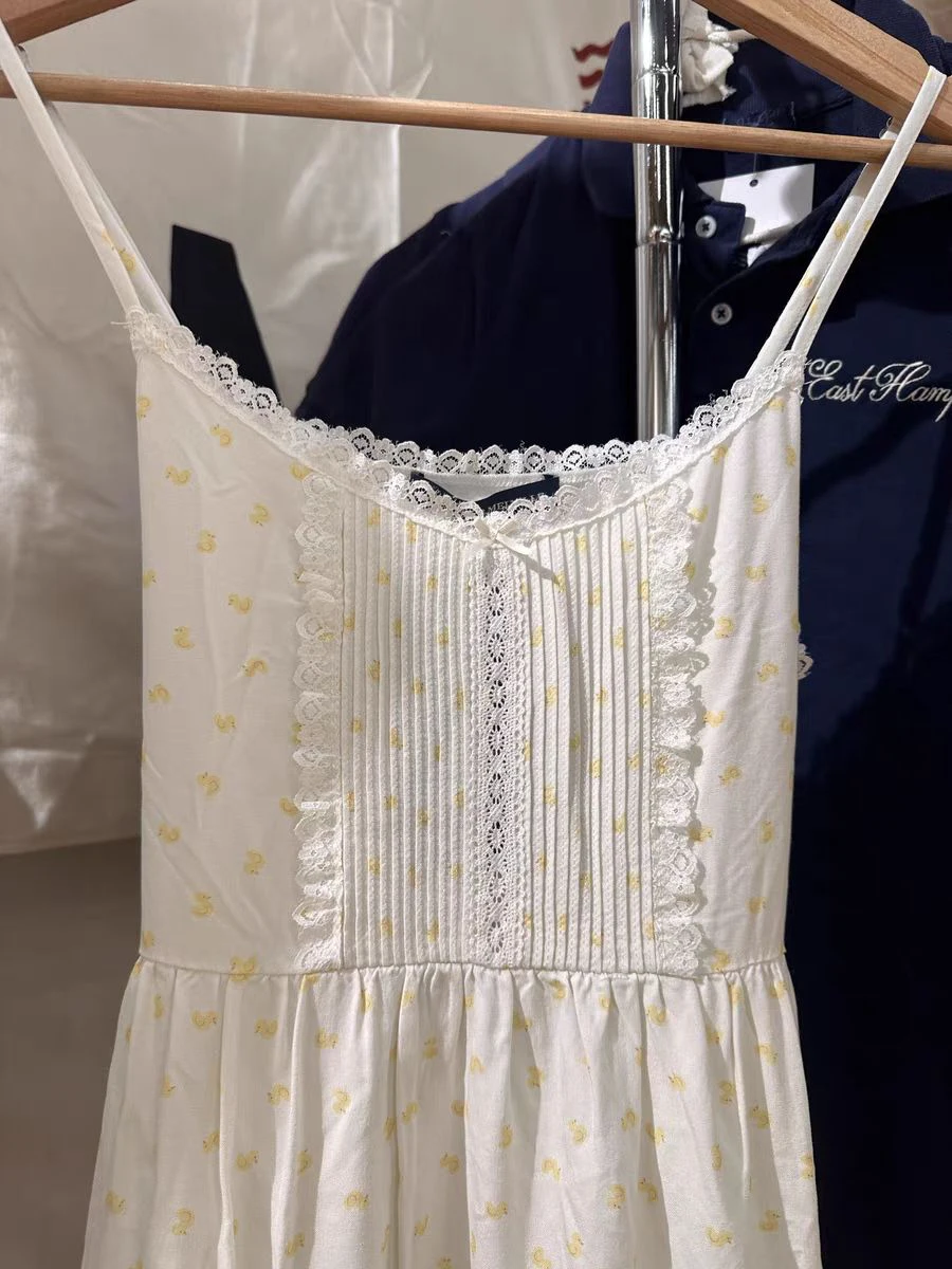 Little Yellow Ducks Lace-up Dress Women Summer Bow Lace Trim Sleeveless Slim A-line Vestidos Cute Sweet Cotton Camis Dresses New