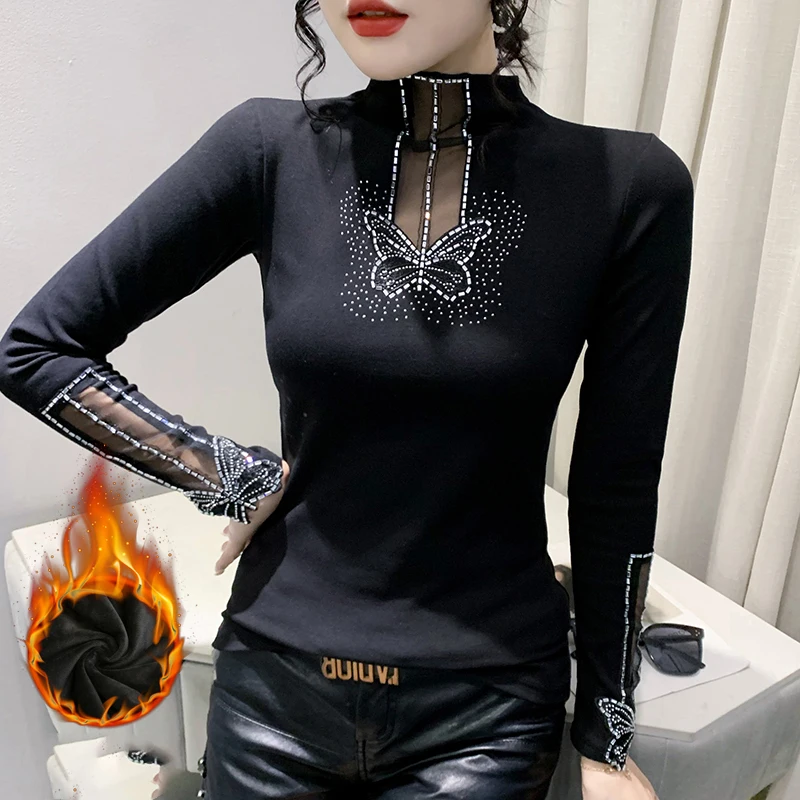 MadBlack, European Thicken Fleece T-Shirt, Sexy Women Stand Diamond Top, Clubwear Long Sleeve Slim Tee, Autumn Winter T40903CC
