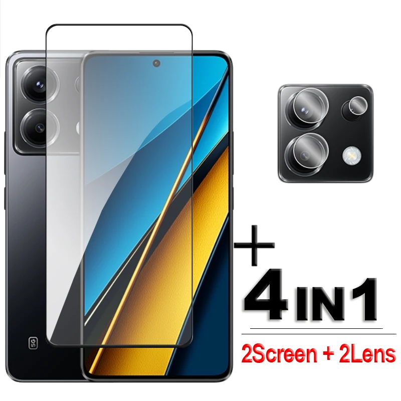 4in1 For POCO X6 Glass For POCO X3 X4 GT X5 X6 Pro 5G Tempered Glass 2.5D Full Cover Glue Screen Protector For POCO X6 Lens Film