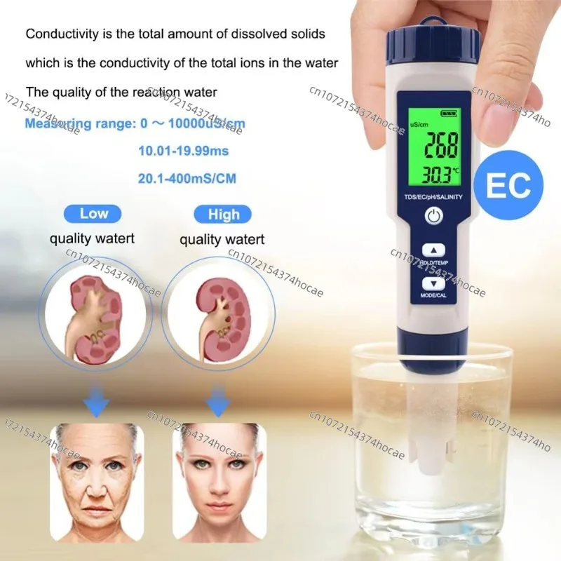 

The latest 5-in-1 TDS/EC/PH/Salinity/Temperature water quality tester with replaceable electrodes to measure non-sea salinity