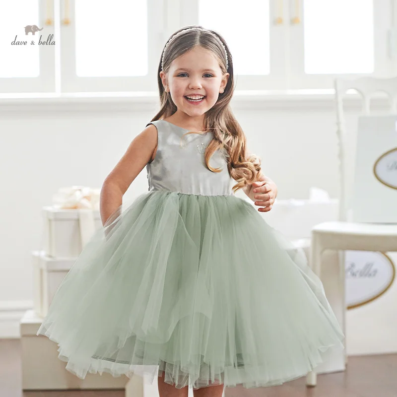 Dave Bella Girls Princess Dress 2024 New Summer Children Baby Sleeveless Mesh Noble Charm Classy Party Evening Dress DB2241017