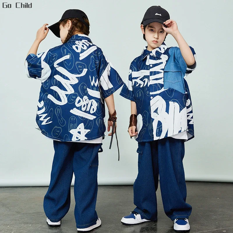 Hip Hop Boys Graffiti Jeans Shirt Loose Pants Girls Street Dance Cool Denim Jacket Kids Jazz Clothes Sets Children Streetwear