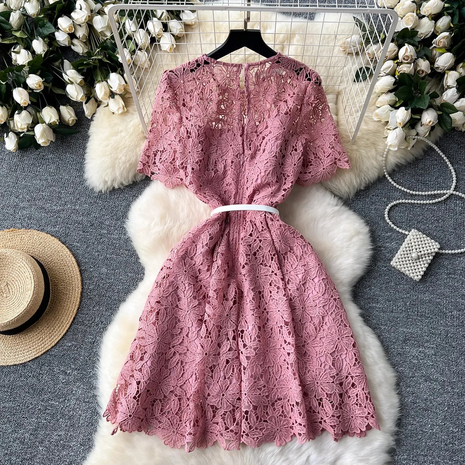 Summer Elegant Crochet Flower Lace Mini Dress Women's O-Neck Short Sleeve Hollow Out Embroidery Zipper Belt Runway Vestidos