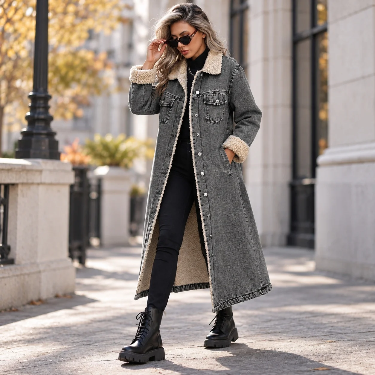 Hoodless Loose Fit Jacket with Lapel Collar Regular Sleeve Long Length Streetwear Edgy Street Long Sleeve Winter for Women
