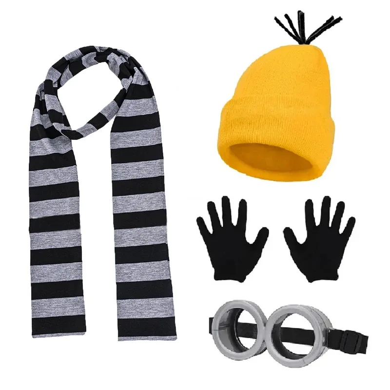 

Little Yellow Man Cosplay Costume Goggles Decorative Glasses Beanie Hats Black Gloves Scarf Set Adult Halloween Party Role Play