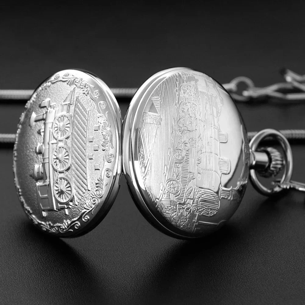 

Luxurious Silver Steam Train Design Automatic Mechanical Men's Pocket Watch Gift Box Antique Steampunk Fpb Chain Timepiece