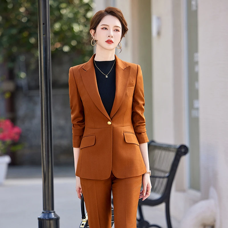 NAVIU Navy Blue Women Suits Office Sets New Fashion Long Sleeve Slim Single Button Blazers Casual High Waist Flare Pants Suits