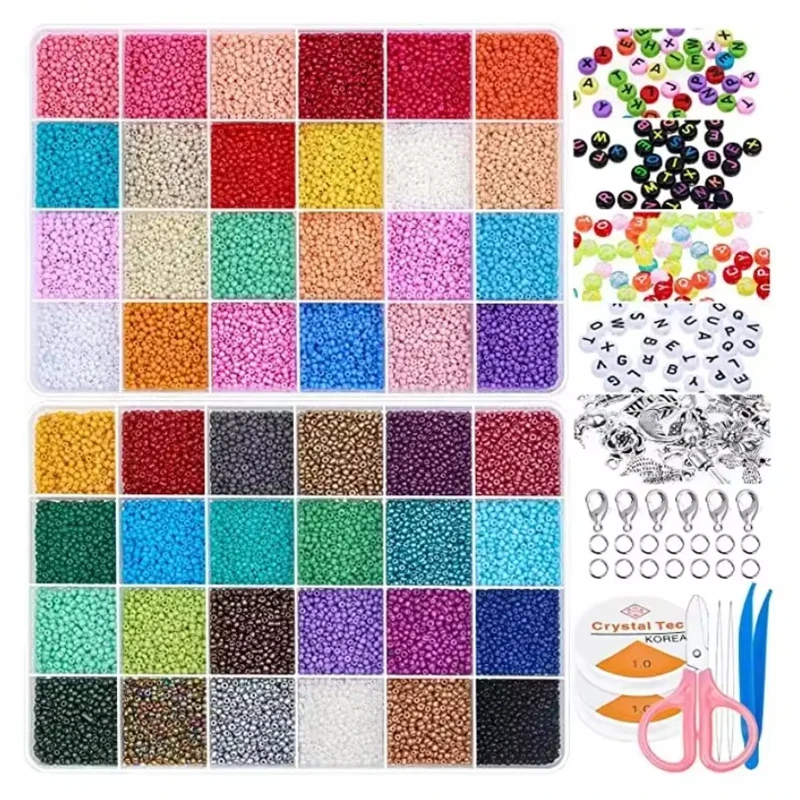 About 35000 Pcs 2mm Beads Jewelry Making Kits Glass Seed Spacer Beads and Alloy Accessories for Girl Bracelet Necklace Diy Set