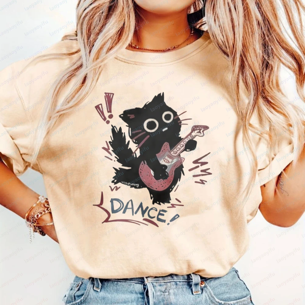 Dancing Cat Print T-Shirt Y2K Cute Guitar Kitten Graphic Tops Retro Trendy Casual Cotton Tee Doodle Harajuku Clothes for Women