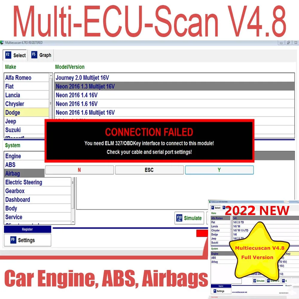 2025 New Multiecuscan V4.8 For Fiat/Chrysler/Dodge/Jeep/Suzuki Scanner Software 4.8 Work With ELM327 / OBD II Diagnostic Tool