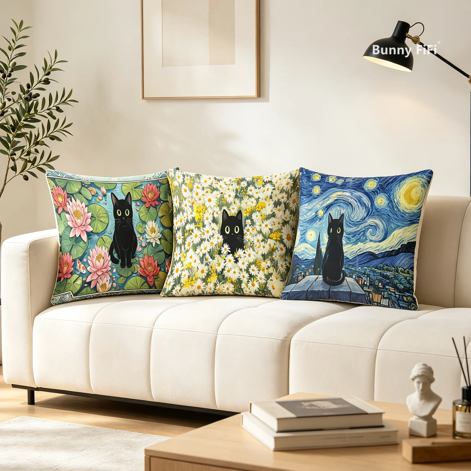 Velvet Throw Pillow Cover Cute Black Cat Floral Art Print Cushion Case 45x45cm Sakura Waterlily Home Sofa Decor Pillow Cover