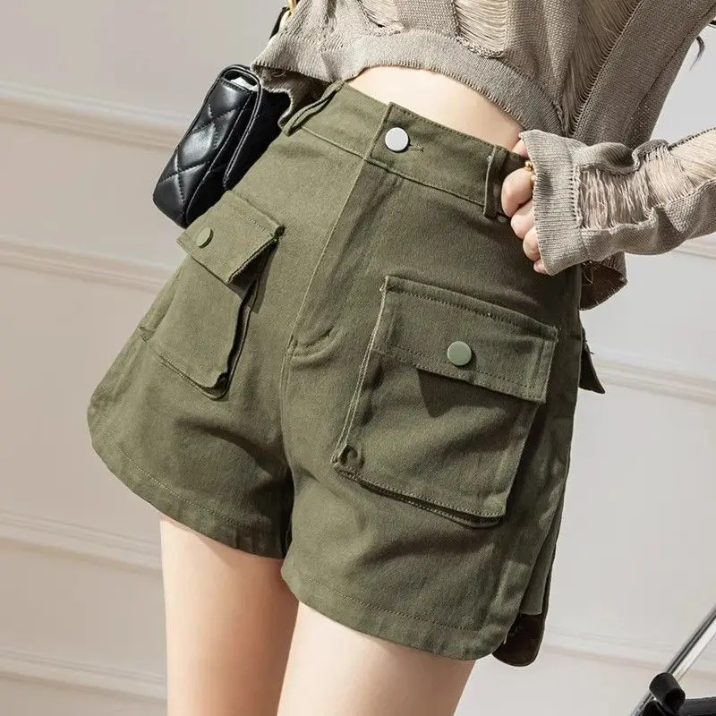 Summer new casual fashion denim shorts women high waist and slimming stretch A-line American style street cargo shorts