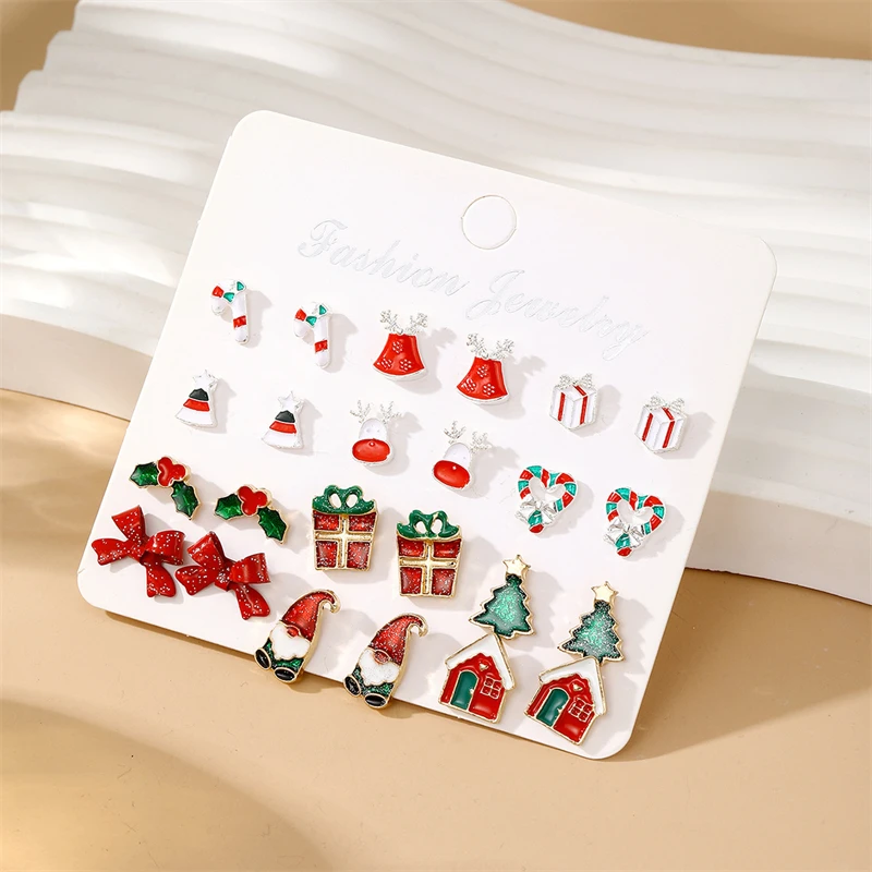 12 Pair Christmas Combination Earrings Set for Women Crystal Zircon Santa Claus Xmas Tree Elk Snowflake Earring Party Jewelry