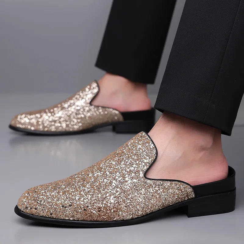 

39-48 man mules slippers golden sequins half shoes for man luxury menswear dress shoes mules homme