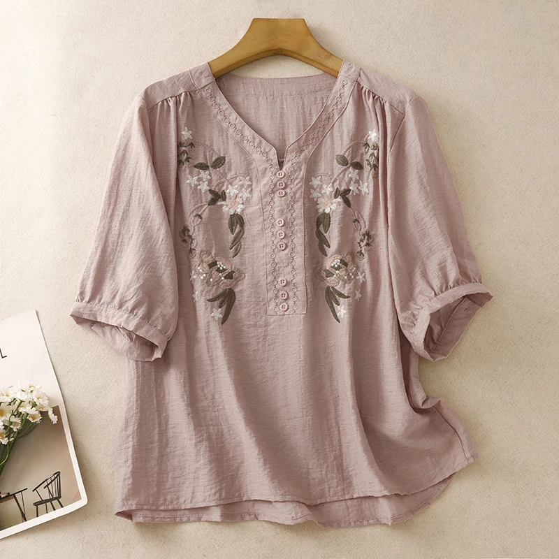

Elegant Embroidered Cotton Linen Base Shirt Thin Summer New Style Women's Top Large Size Commute Style V-Neck Short Sleeve T-...