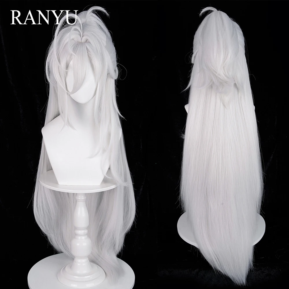 

Silver White Long Straight Synthetic Wigs with Bangs and Ponytail Anime Game Cosplay Fluffy Wig for Daily Party