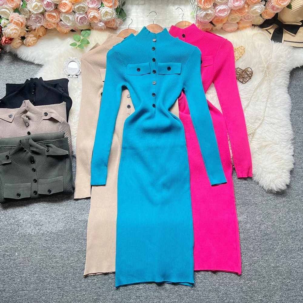 YuooMuoo Chic Mode Sexy Wrap Hüften Gestrickte Kleid 2025, Herbst Winter Rollkragen Tasten, Figurbetontes Pullover Kleid Streetwear Outfit