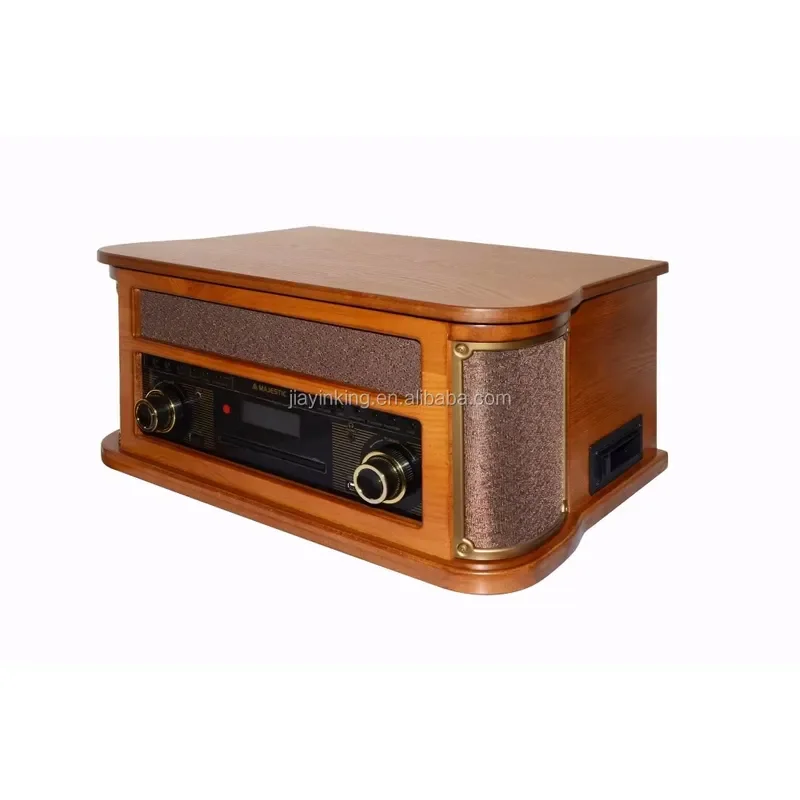 Vintage Wooden Vinyl Record Player Turntable with Cassette Tape Deck Retro Style Music System for Home Decor Audio