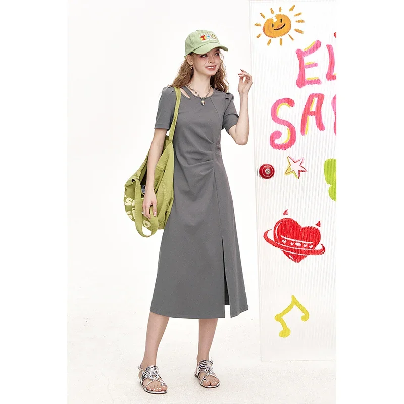 ELFSACK Elegant Twist Front Midi Dress,  Slit Round Neck Dress, Casual Feminine Slim Fit Dress