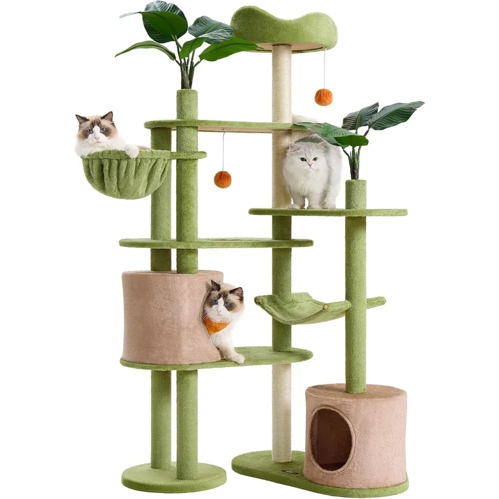 68.1-inch tall cat tower, multi-layered plush cat apartment with artificial leaves, 3 grab poles, 2 awnings with bells