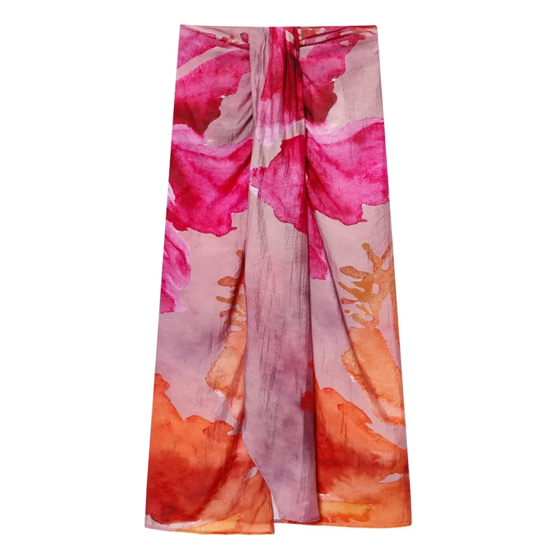 HXAO Lange Röcke mit Blumenmuster für Damen, Sommerdruck, schwarzer Midirock, Boho-Falten, geknoteter Strandrock, eleganter Split-Wickel-Bleistiftrock