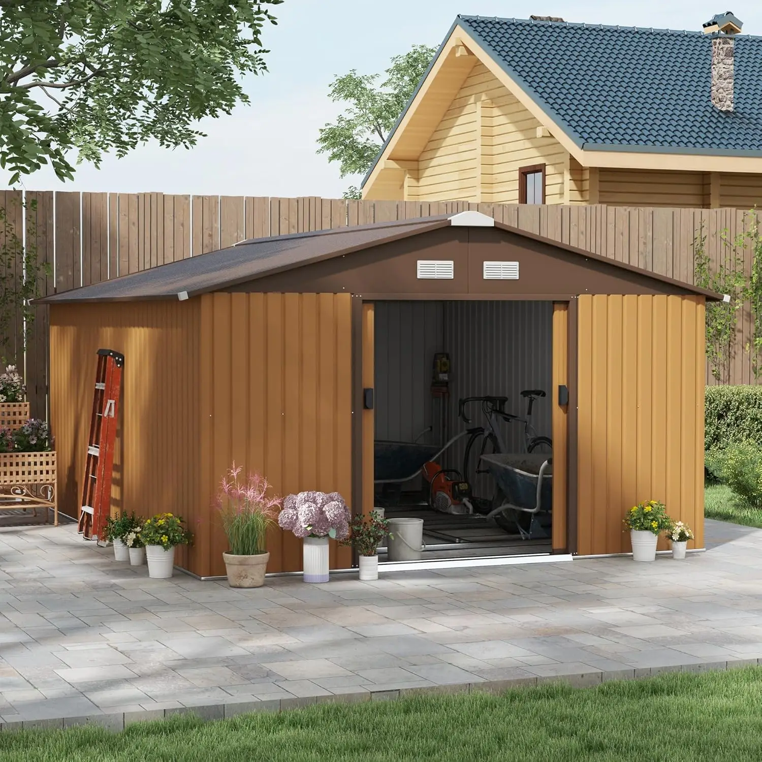 11' x 13' Outdoor Storage Shed, Garden Tool House with Foundation Kit, 4 Vents and 2 Easy Sliding Doors for Backyard,Patio, Lawn