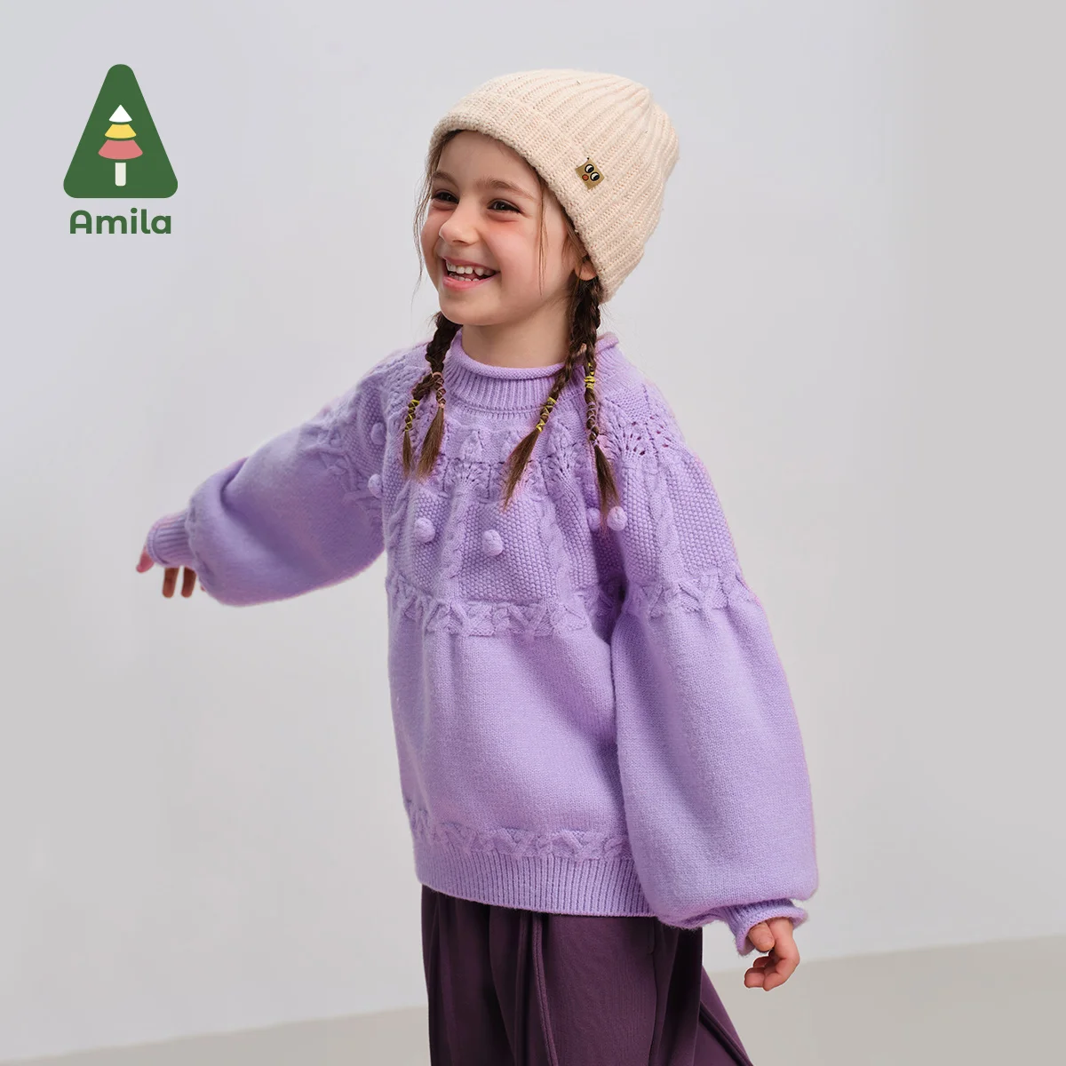 Amila Baby Sweater 2024 Winter New High Quality Solid Color Lantern Sleeve Round Neck Casual Loose Soft Children‘s Pullover