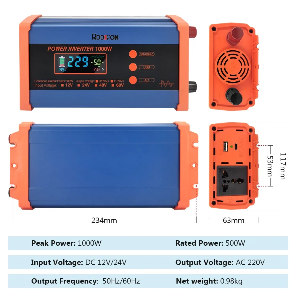 Imagem -06 - Carro Inversor de Onda Senoidal Pura Transformador de Tensão Conversor de Energia Inversor Solar dc 12v 24v a 220v ac 50hz 60hz 1000w