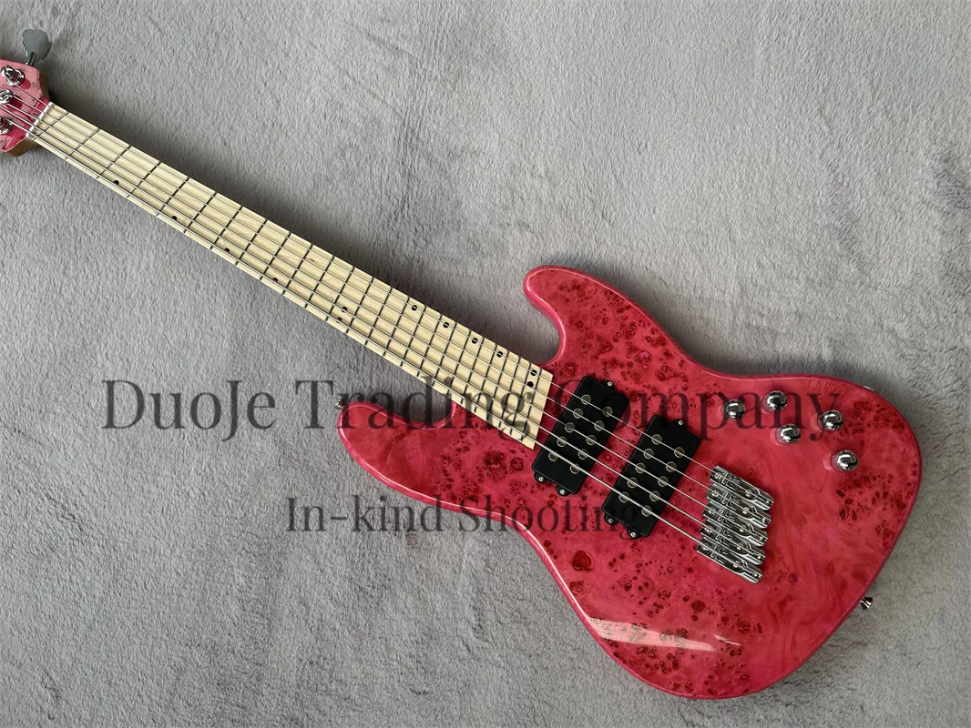 

Pink Electric Bass 5-string bass Maple fingerboard ash body Burl top single bridge active battery case