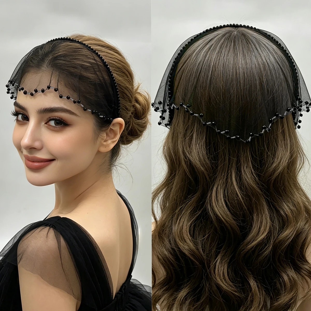 フレンチスタイルの黒いチュールヘッドバンドヘアアクセサリー、女性用ビーズ付きヘッドスカーフ、パストラルスタイルの新しい2026年ヘアバンド＆ヘッドウェア-sa140