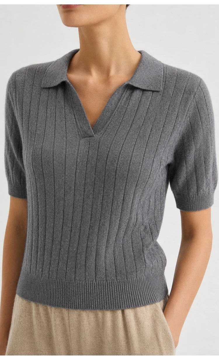 MZ62056 Damen-Pullover mit Polokragen, offenem V-Ausschnitt, kurzen Ärmeln, geripptem Strick, einfarbig, weiche Modal-Mischung, lässiges Oberteil für den frühen Herbst. – Detail 5
