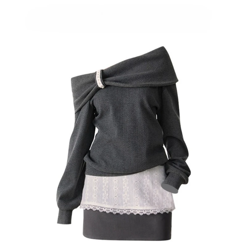 

Серый вязаный женский свитер с открытыми плечами + кружевные лоскутные короткие юбки трапециевидной формы, комплекты из двух предметов, Faldas Vestidos, топы Y2k