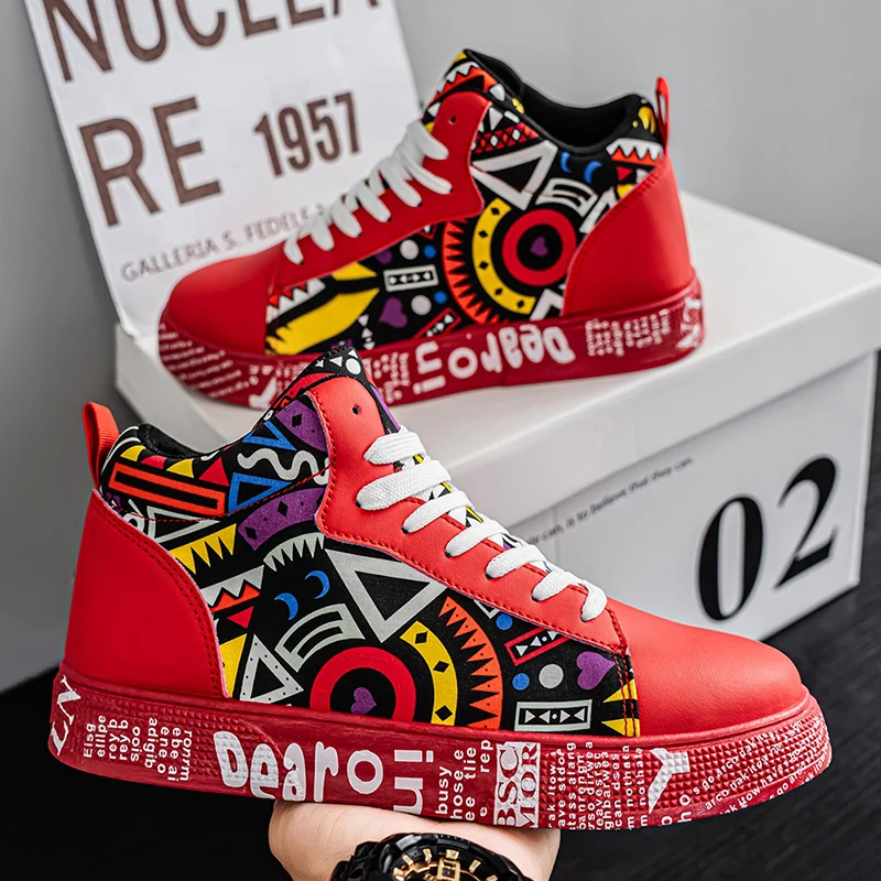 

Fashion Graffiti Skateboarding Shoes Men Comfortable Red High Top Sneakers Man Platform Men's Vulcanize Shoes Large Size 39-48