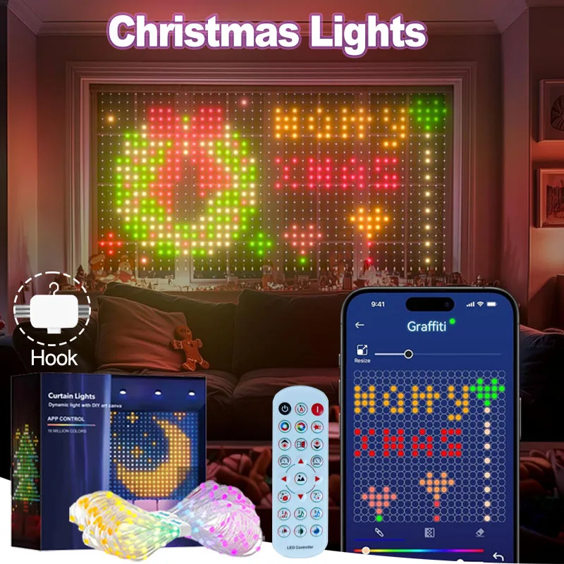 400 LEDs Smart Curtain Lights, APP/Remote Control,3x3m Christmas Lights Halloween Decor, IP65 Waterproof, Music Sync DIY Pattern