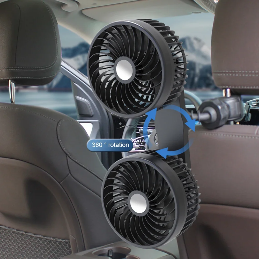 Car Seat Back Cooling Fan, Auto Encosto de Cabeça, 360 Graus Rotação, Ventilador de Ventilação, USB Charge Dual Head Fan, Pescoço Cooler, Interior do carro