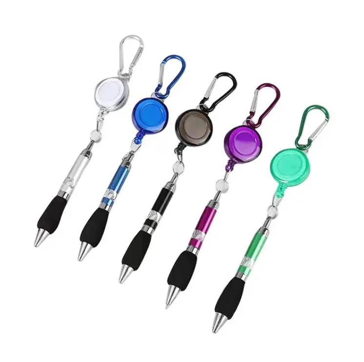 

300Pcs Retractable Badge Reel Ballpoint Pen Belt Clip Key Chain with Carabiner Hook Portable Ball Pen Lanyard Pen ni460