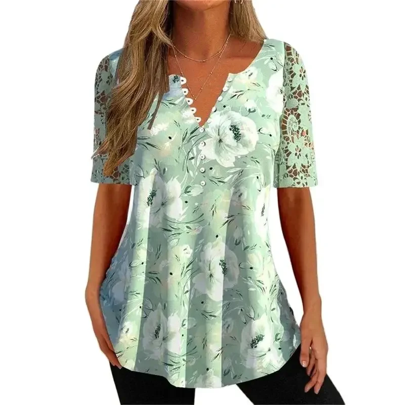 

Elegant Botanical Flower Print Shirt Women Lace Short Sleeves Blouse Female Loose V Neck Single-breasted Splicing Pullover Tops