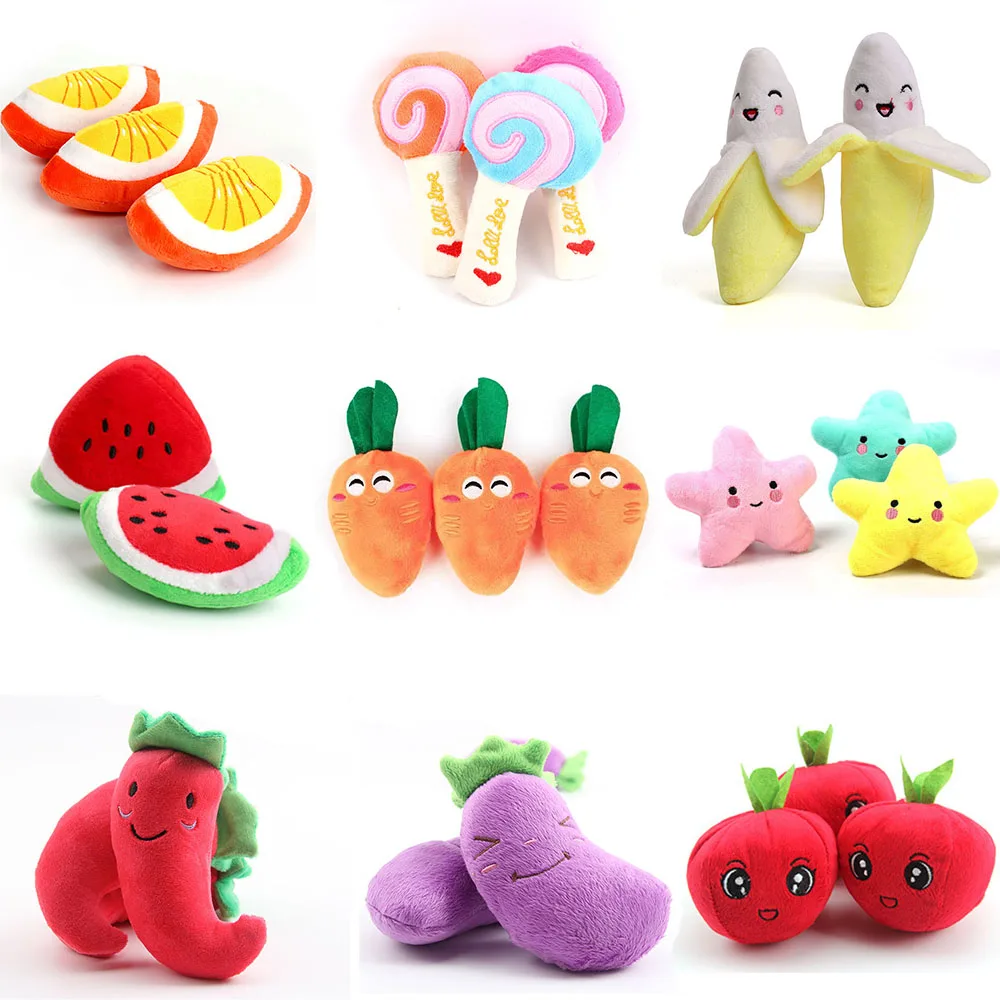 

Cartoon Fruit Vegetable Stuffed Toy Squeaking Dog Puppy Chew Molar Toy 1Pc Pet Biting Toys Cute Plush Squeaker Squeaky Toy