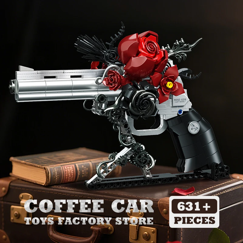 

631 шт., креативный пистолет с револьвером Mecha Rose, строительные блоки, технический пистолет с красными цветами и лепестками, MOC, кирпичи, сборная игрушка, подарок для взрослых и детей