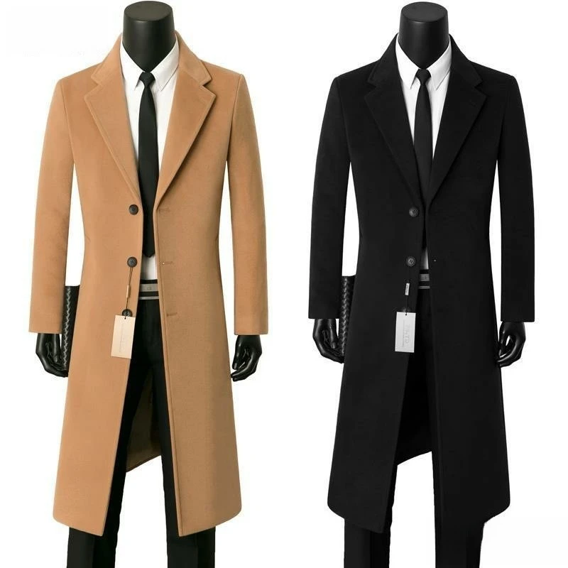 

Men woolen coats for autumn and winter long and stylish business casual woolen warm windbreaker suit collar dad-style men's coat