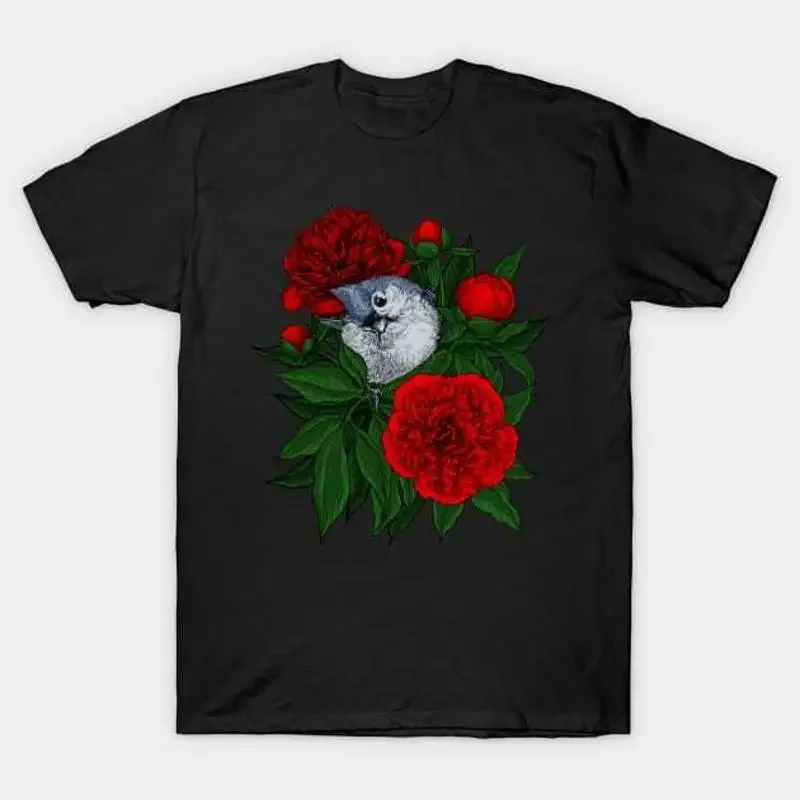 Bird on a red peony bouquet T Shirt S 5XL Fast Shipping
