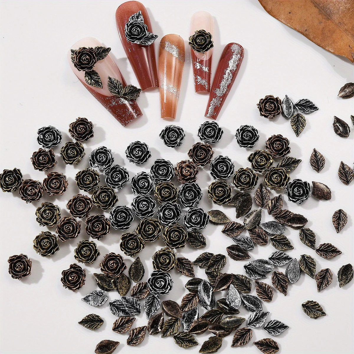 50 個樹脂黒花葉ローズネイルアートアクセサリーヴィンテージネイルデコレーション電話ケースヘアピン Diy アクセサリー装飾