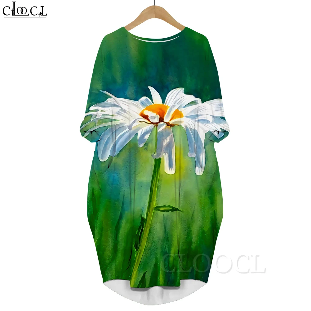 

CLOOCL Women Dress Oil Painting Art 3D Printed Dress Long Sleeve Pocket Dress Round Neck Loose Green Dresses Natural Factors