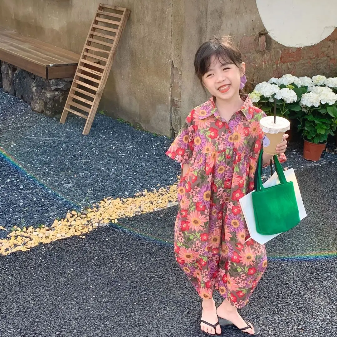 

Summer Baby Girls Kids JumpsuitsCotton Loose Short-Sleeved Single-breasted All-Over Floral Bodysuits Children Outfits 2-8 Years