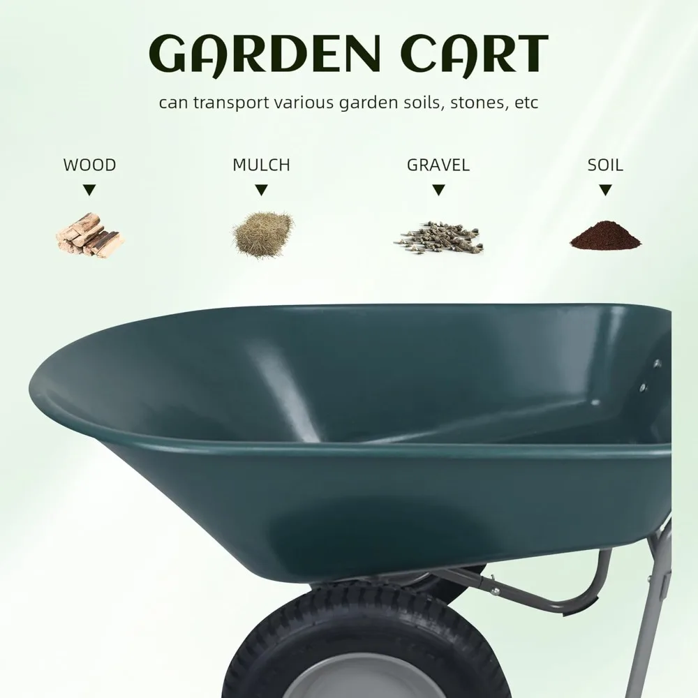 عربة حديقة ذات عجلات مزدوجة شديدة التحمل مع حامل مدمج، عربة يدوية سهلة المناورة للمنزل باللون الأخضر