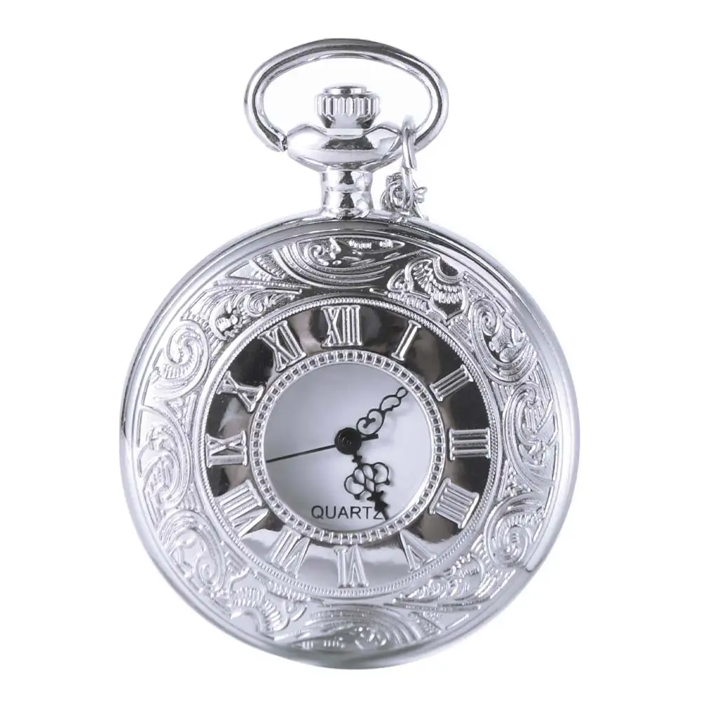 Roman Scale Display Vintage Pocket Watch Quartz Pendant Hollow Case Bronze Chain Clock Necklace Chain Leisure